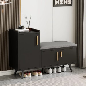 Moderne Merax Schuhbank in Schwarz mit grauem Sitzpolster. Links ein Schrank, rechts zwei Türen für Stauraum. Goldene Griffe, Holzoptik.