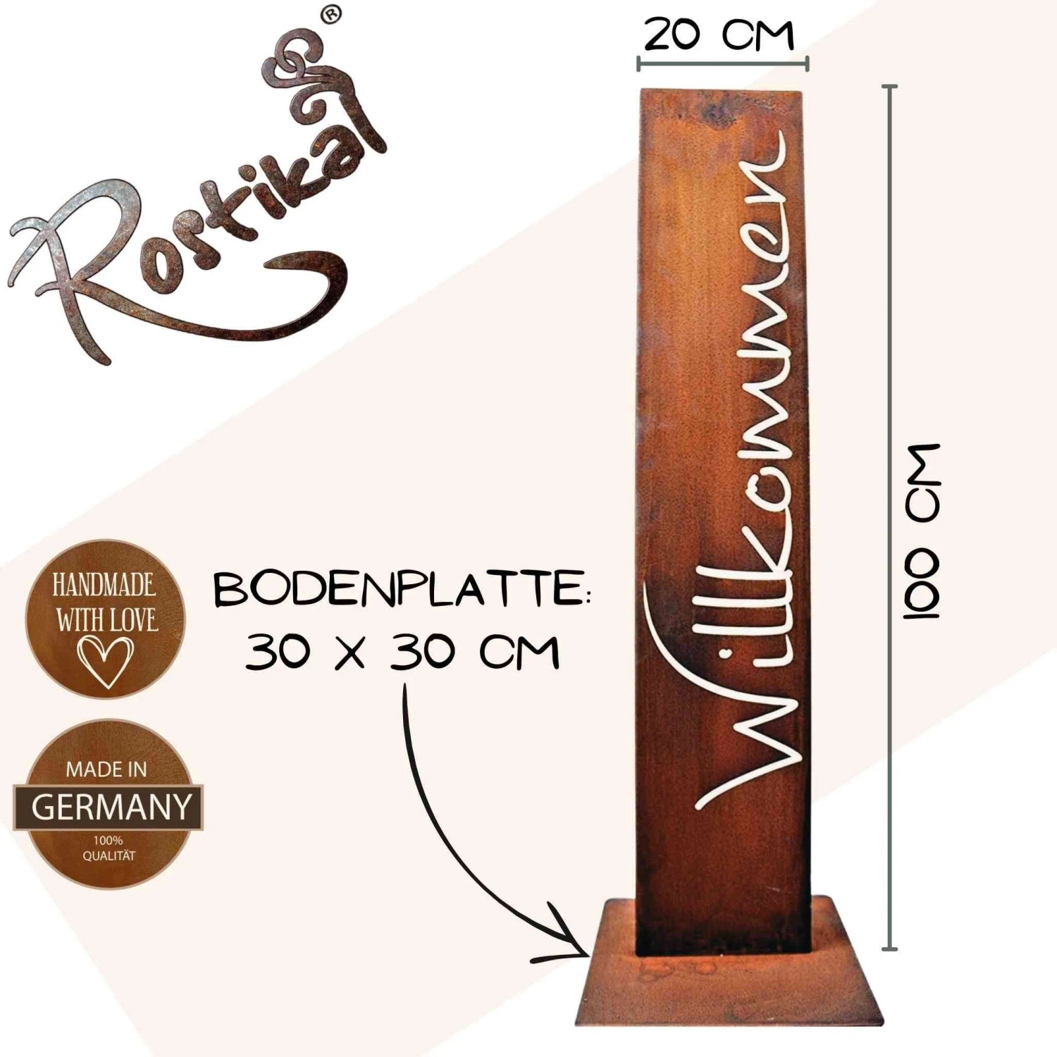 Rostikal Willkommen Spruchtafel aus Cortenstahl, 100 cm hoch, mit Edelrost Patina und stabiler Bodenplatte für den Hauseingang.