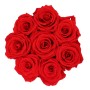 Rosenbox mit 9 roten Rosen und weißer Schleife, Durchmesser 14,5 cm.