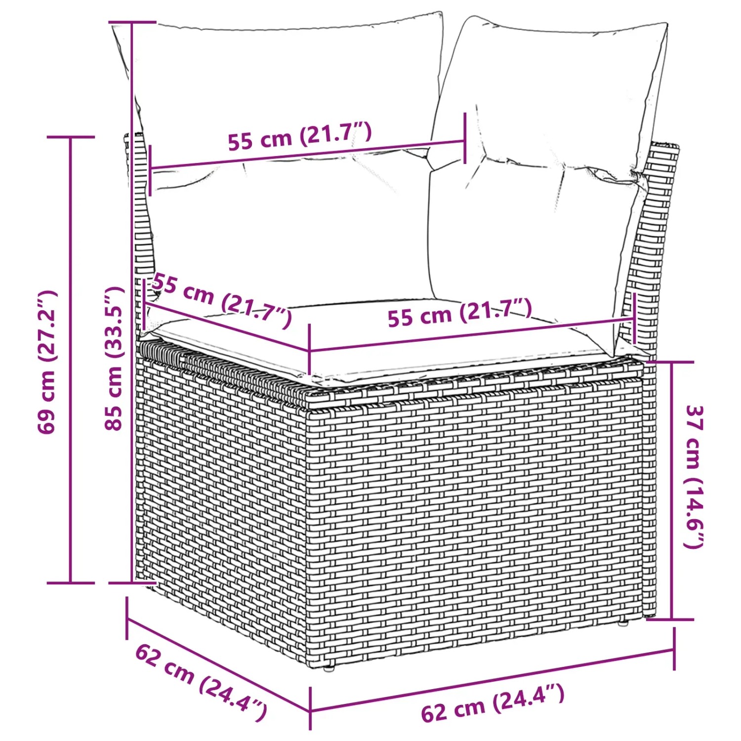 Detailaufnahme vidaXL Garten-Sofa-Set, schwarzes Poly Rattan, Maße eingezeichnet.