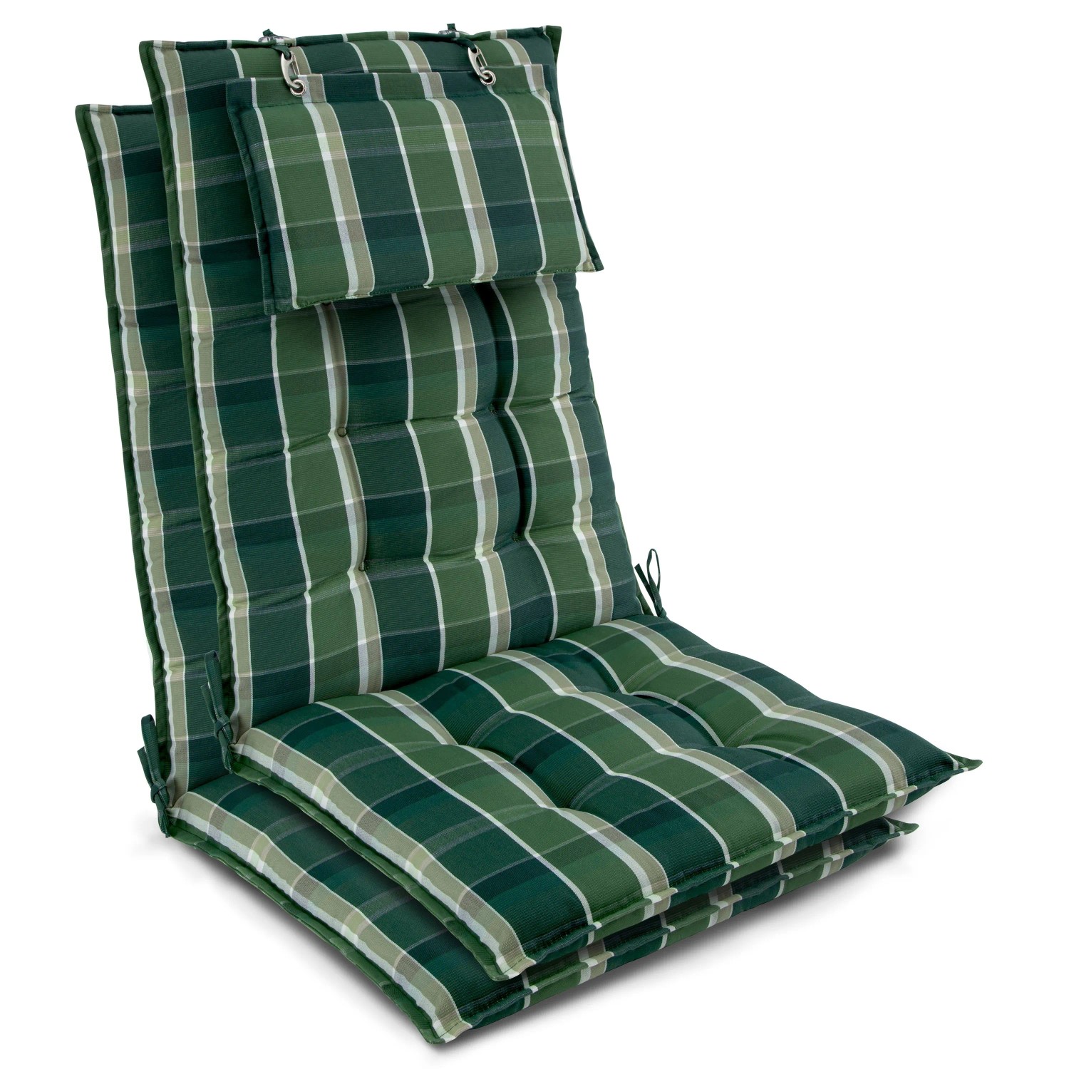 Beautissu 2er Set Sun-HL Hochlehner Auflage 120x50x8cm Grün-Kariert