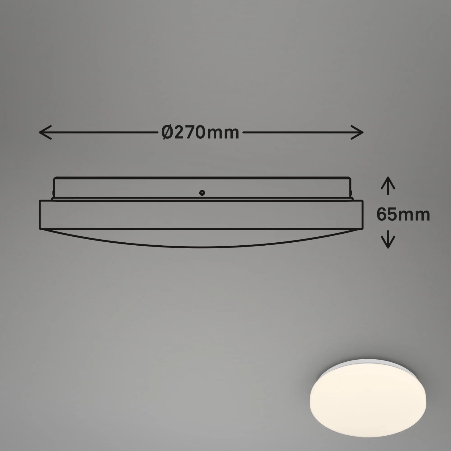 Weiße Brilo LED-Deckenleuchte Walk mit Bewegungsmelder. Technische Zeichnung zeigt Ø 270mm, 65mm Höhe.