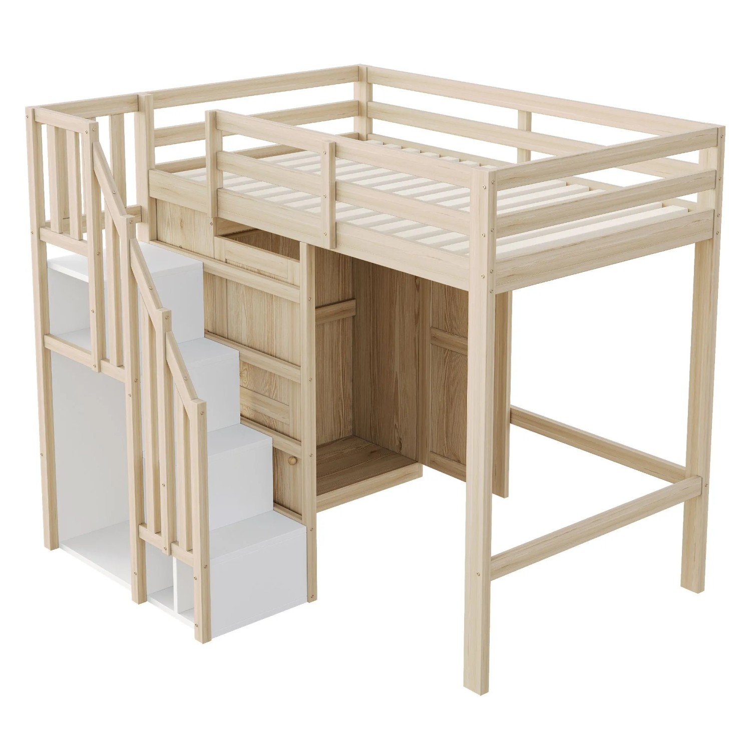 okwish Hochbett 90x200cm mit Stauraumleiter Kleiderschrank Jugendzimmer Natur ohne Matratze