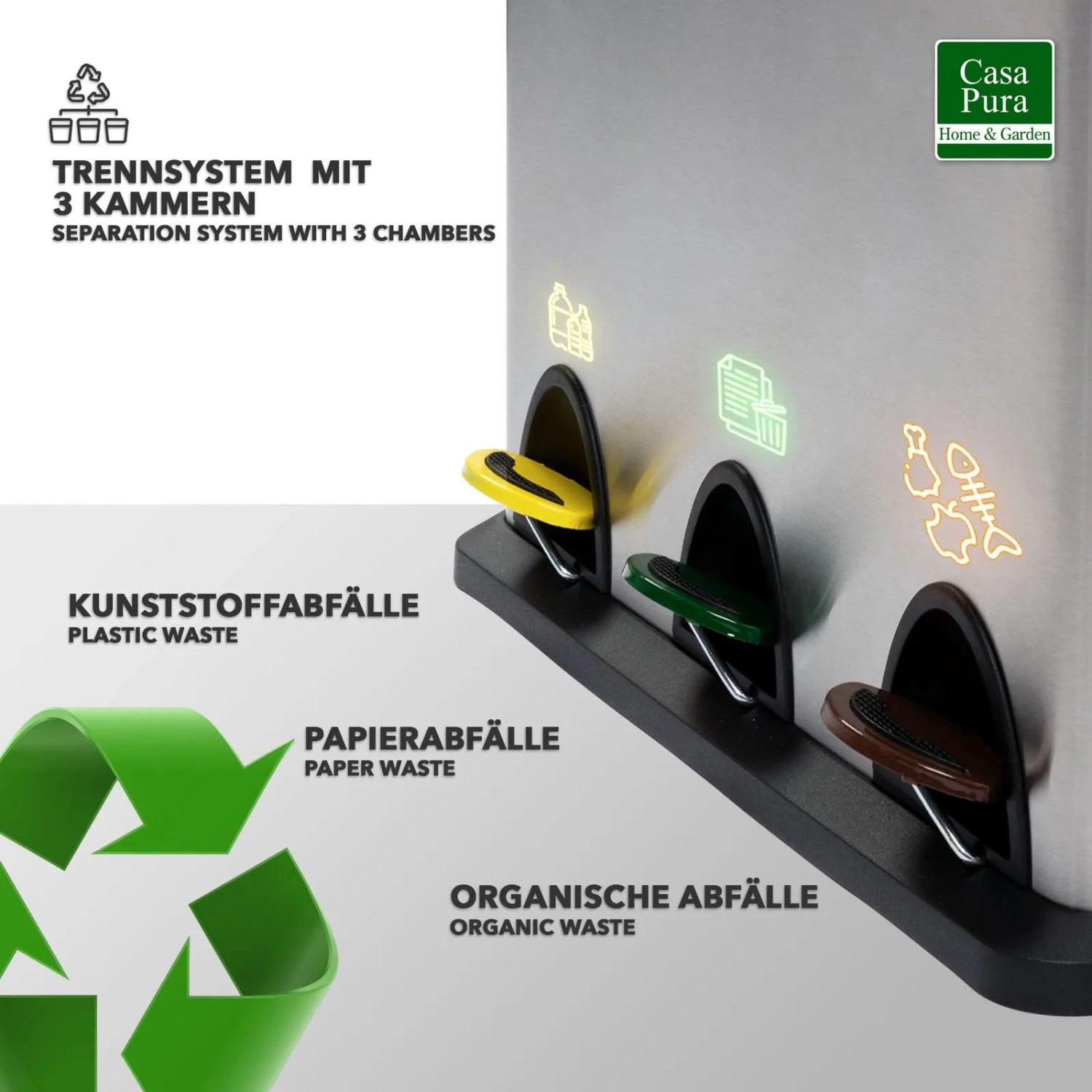 KARAT Mülleimer Brandon mit 3 Kammern für Wertstofftrennung, Edelstahl.