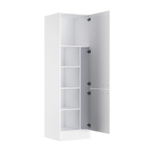 Weißer OPTIFIT Hochschrank Bonn214, 60x210x57,1 cm, mit offener Tür und Regalfächern.