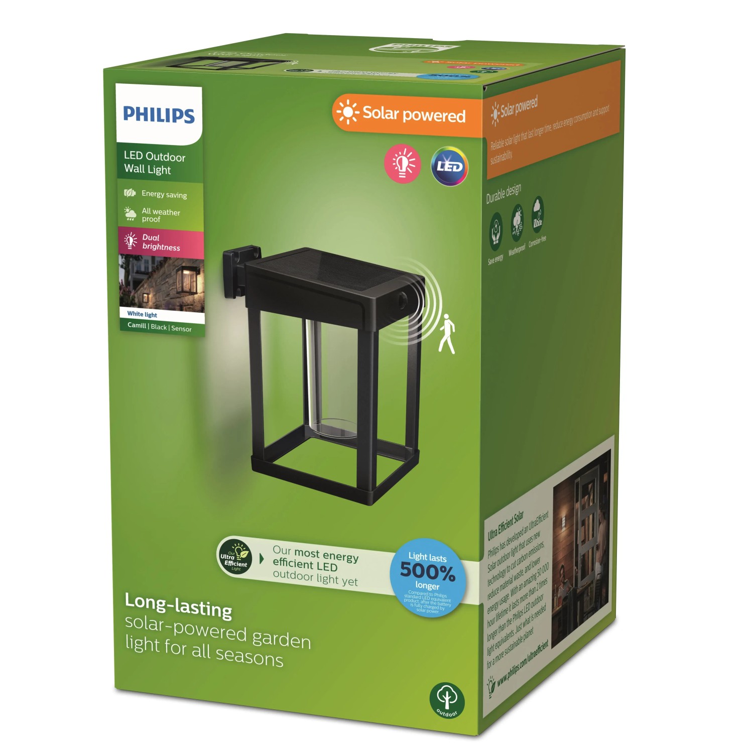 Verpackung der Philips Solar-Wandleuchte Camill, eckig, mit Bewegungssensor. Ideal für die Gartenbeleuchtung.