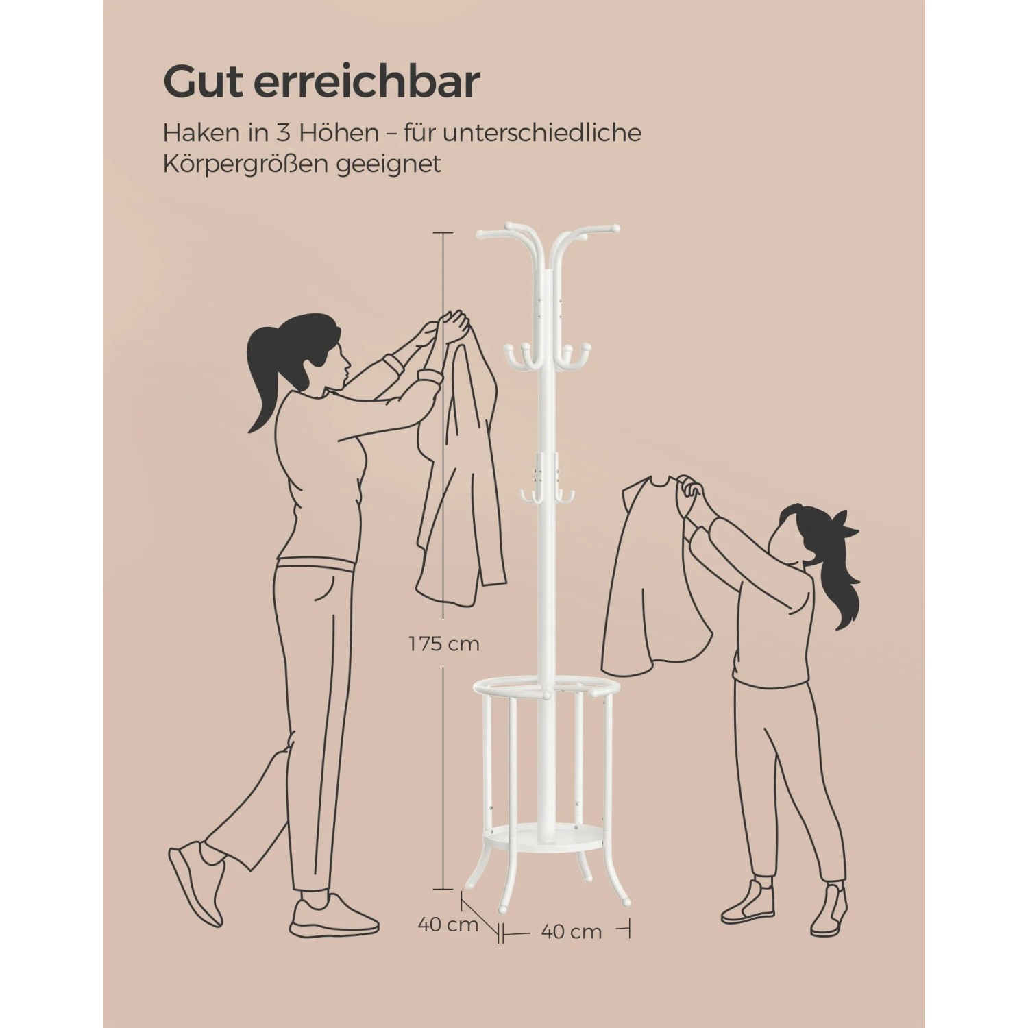 Illustration: Weißer Songmics Kleiderständer mit Schirmständer, 175 cm hoch, mit Person und Kind.