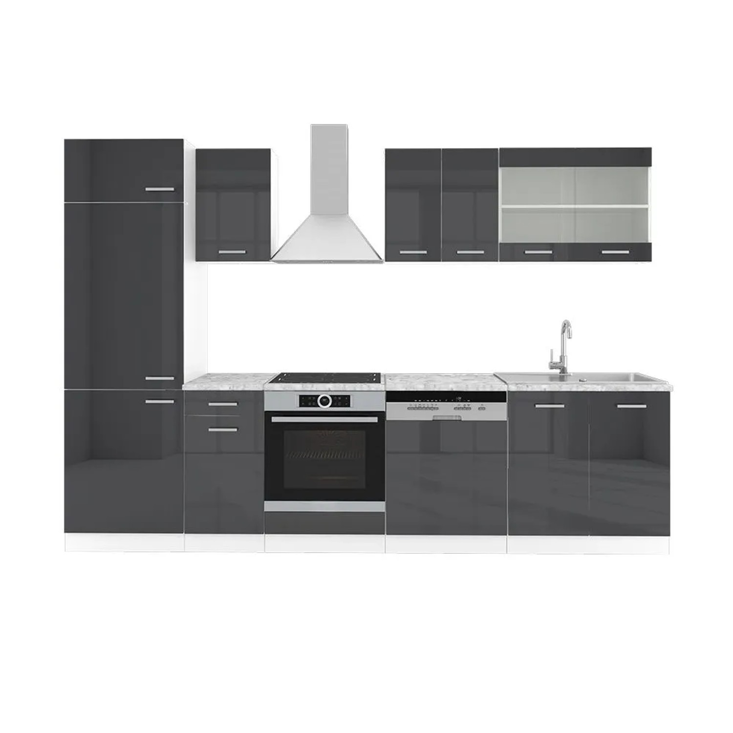 Vicco R-Line Küchenzeile Anthrazit Hochglanz Weiß 300 cm AP Marmor ohne E-Geräte