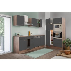 Respekta Küchenzeile KB340EYGMIGKE, 340 cm, Grau Seidenglanz/Eiche York Nachbildung, mit E-Geräten.