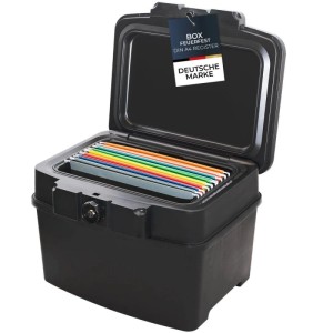 Schwarze HMF Dokumentenbox, feuerfest & wasserdicht, offen mit bunten DIN A4 Hängeregistern. Sicherer Tresor für Unterlagen.