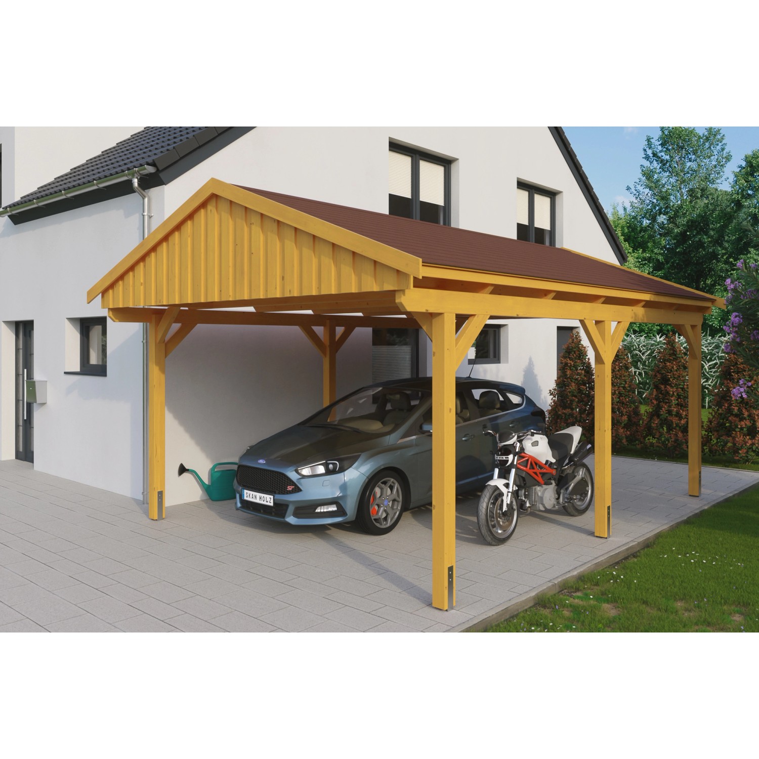 Skan Holz Carport Fichtelberg 423 cm x 566 cm Rote Schindeln Eiche Hell