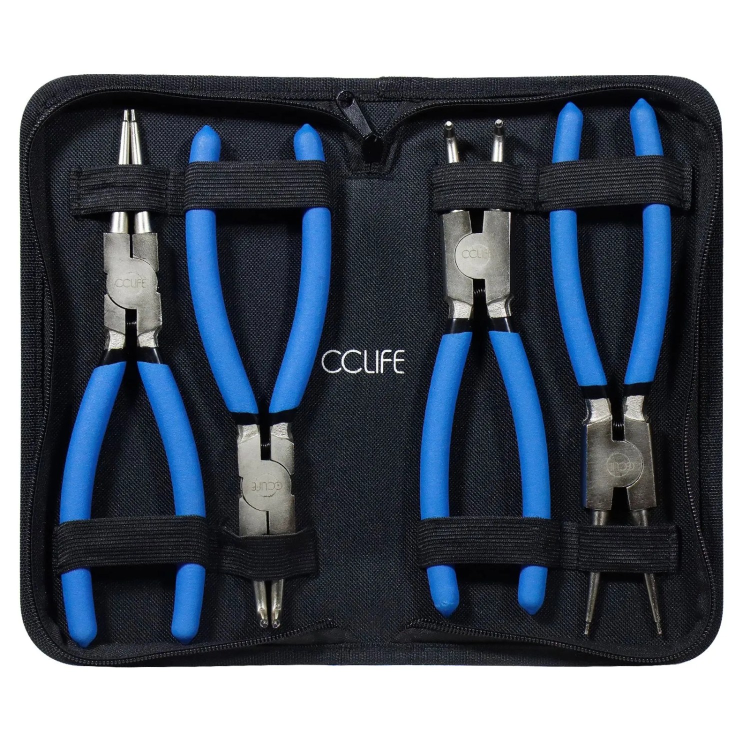 CCLIFE Sprengringzangen Set 4tlg mit blauen Griffen in schwarzer Tasche. Enthält gerade und gebogene Zangen für Innen- & Außensicherungen.