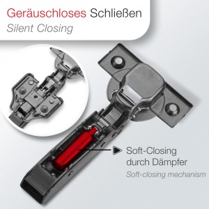 SOTECH 2x Topfband T45 Mittelanschlag Topfverschraubung Holzschrauben Schwarz 105 Grad Gedämpft inkl. Kreuzmontageplatte für Halb Aufliegende Türen
