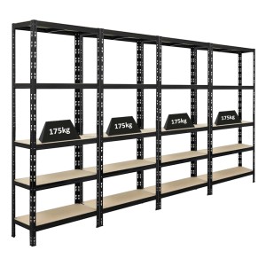 4er-Set schwarze Schwerlastregale APOLLO, 180x75x30 cm, mit je 5 Böden und 175 kg Fachlast.
