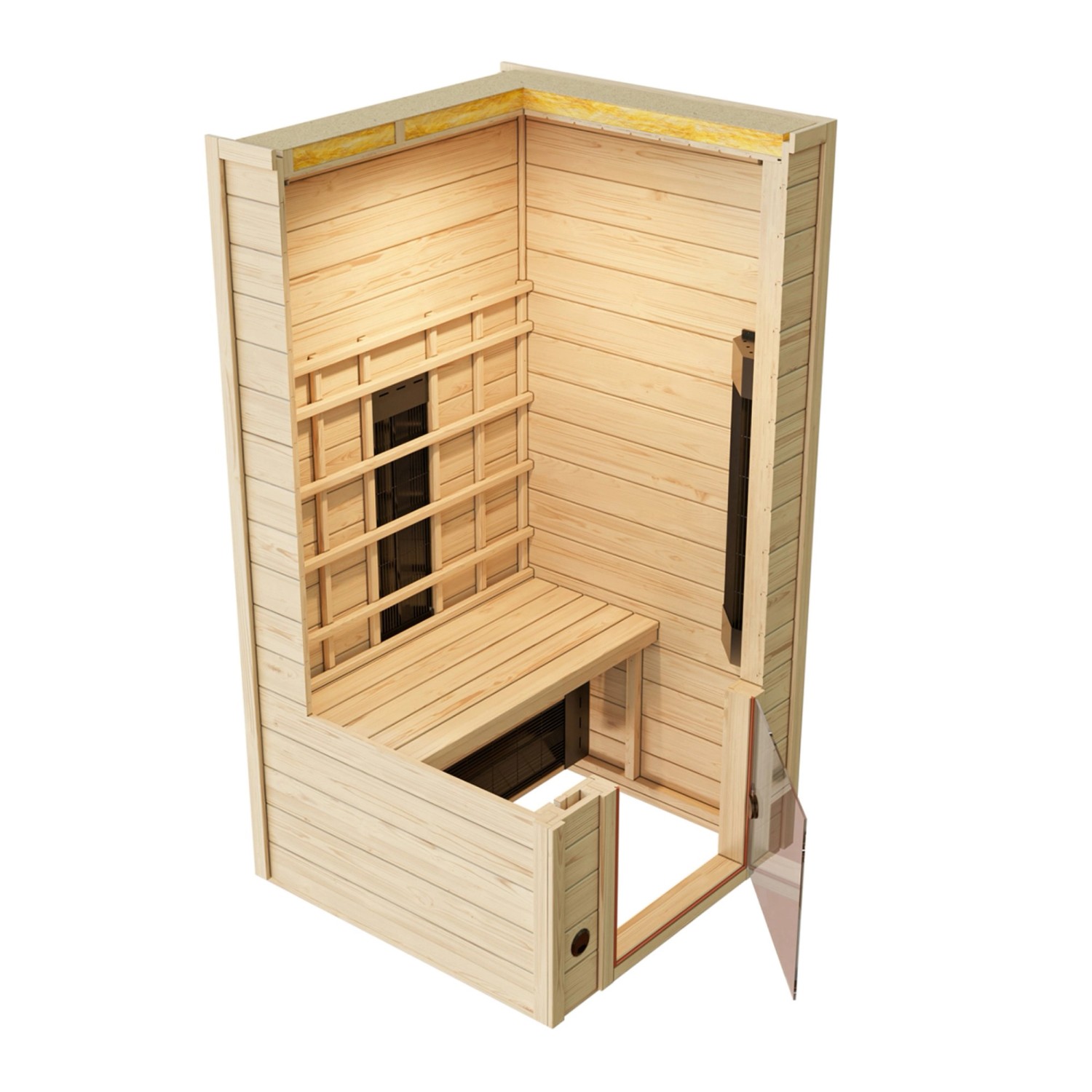 Weka Infrarotkabine Vaala 1 mit Linienstrahler, Innenansicht mit Holzverkleidung und Sitzbank.