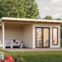 Hellgraues Palmako Holz-Gartenhaus mit Pultdach und überdachter Terrasse. Ideal als Gartenpavillon oder Geräteschuppen.
