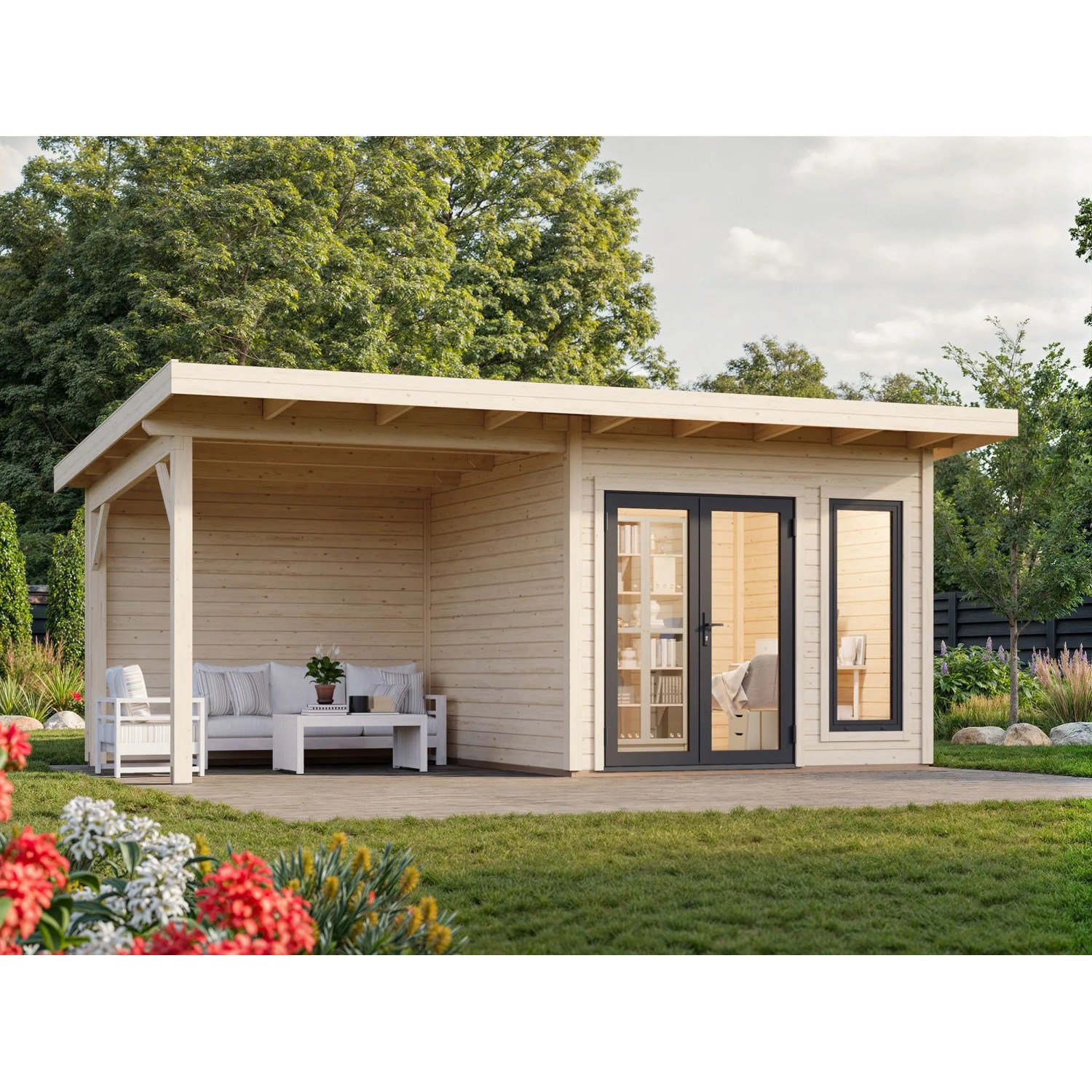 Hellgraues Palmako Holz-Gartenhaus mit Pultdach und überdachter Terrasse. Ideal als Gartenpavillon oder Geräteschuppen.