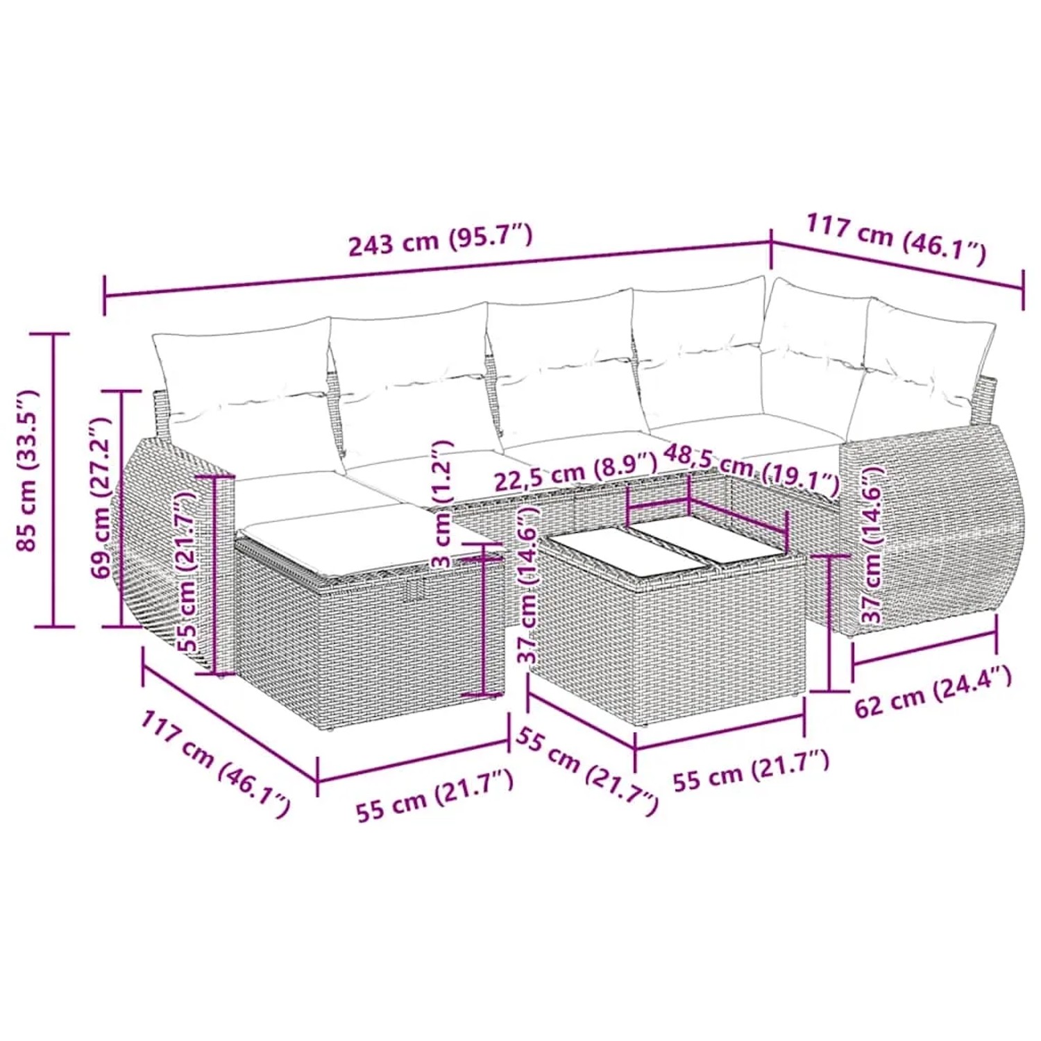 vidaXL 7-tlg. Garten-Sofagarnitur aus schwarzem Poly Rattan mit Maßen.