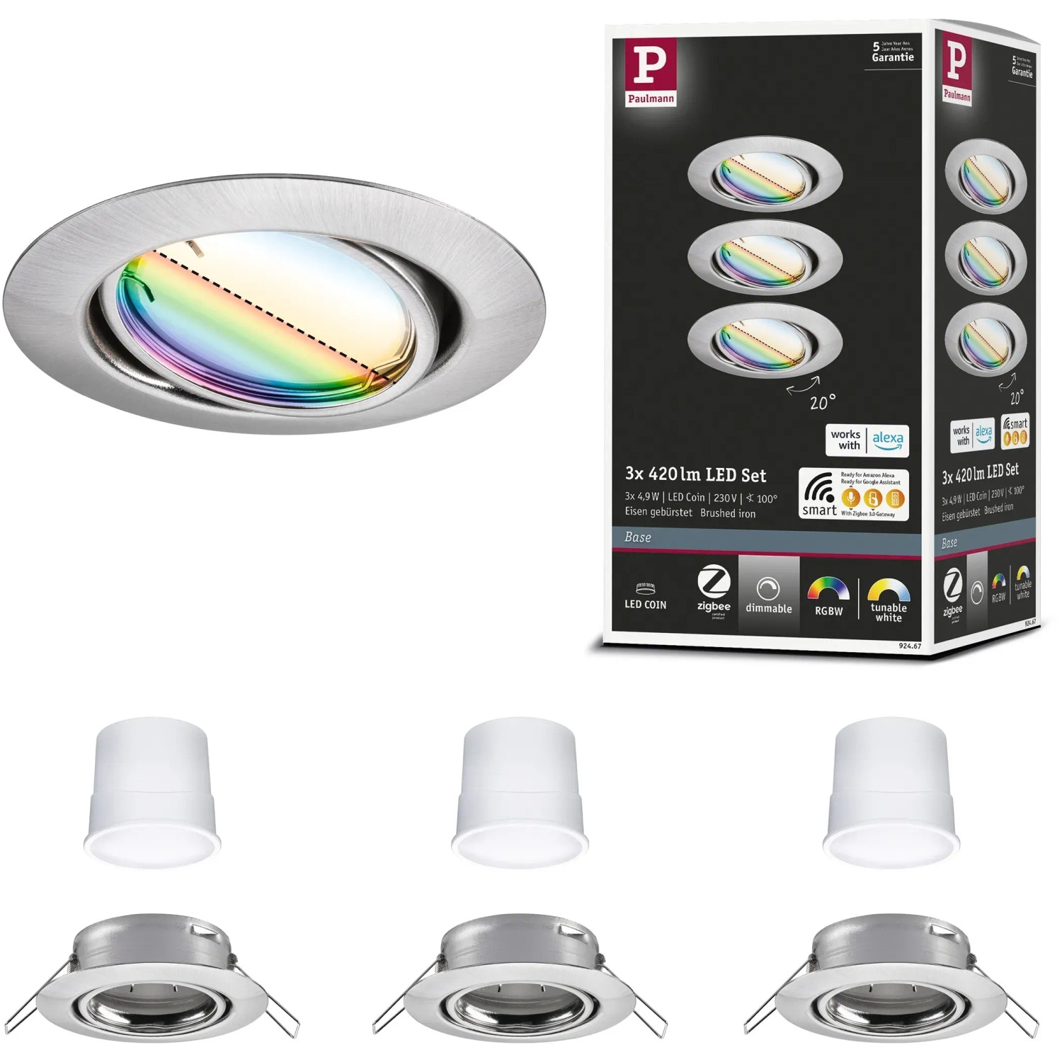 Paulmann Urail LED Einbaustrahler Set, Smart Home Zigbee, RGBW, gebürstetes Eisen