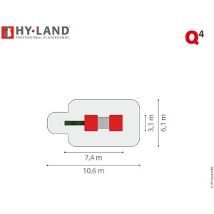 Draufsicht Hy-Land Spielgerät Q4 mit Rutsche: Maße und Anordnung der Spieltürme.