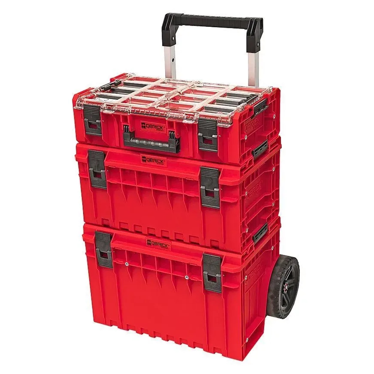 Roter QBRICK Werkzeugtrolley mit Teleskopgriff und Rädern, 66x64x48,5 cm.