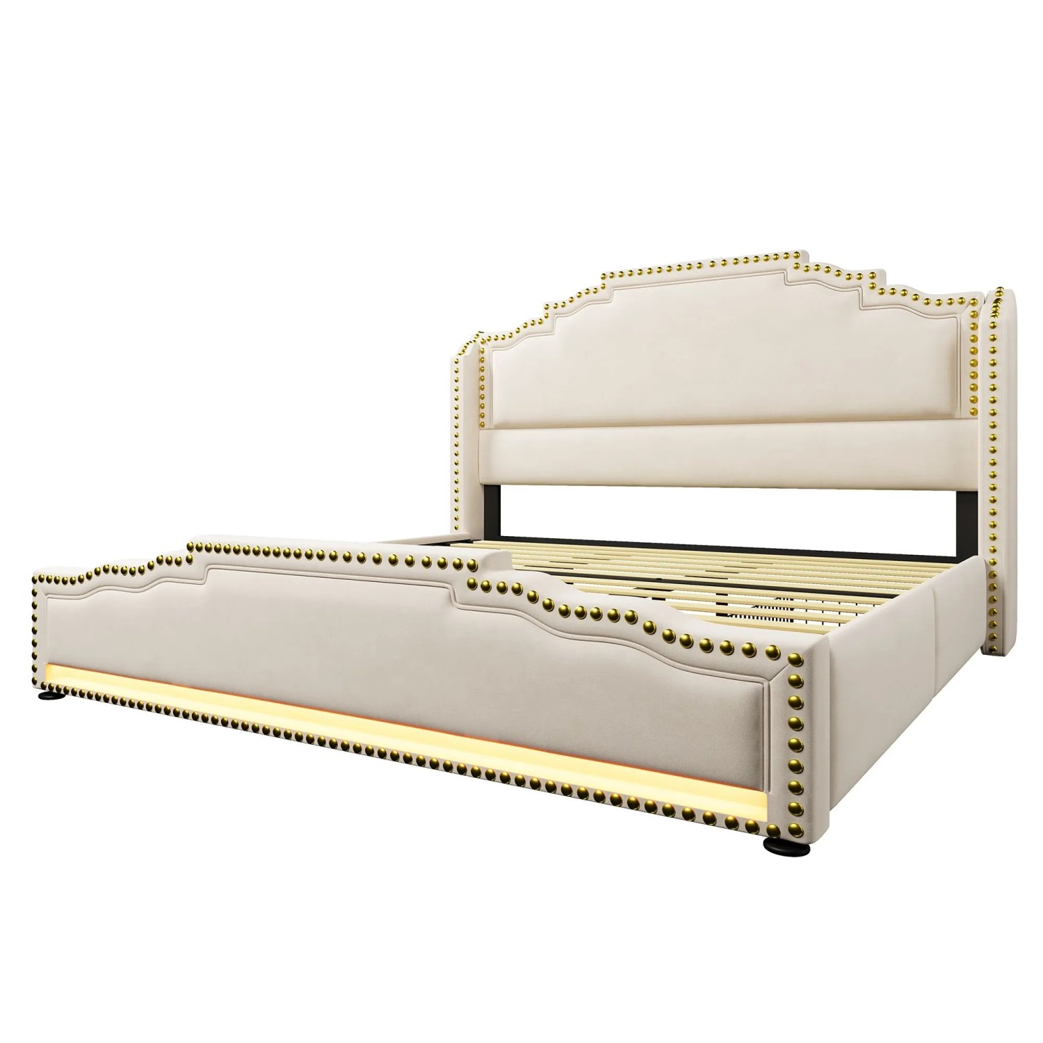 Merax Polsterbett 180x200 Schubladen LED USB C Samt Beige