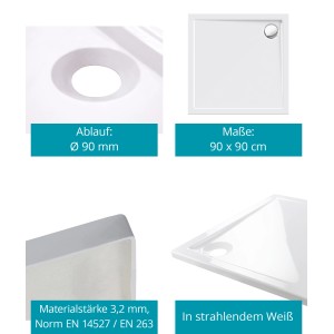 Calmwaters Duschwanne 90x90 cm Set mit Wannenträger und Ablaufgarnitur, Acryl, Weiß.