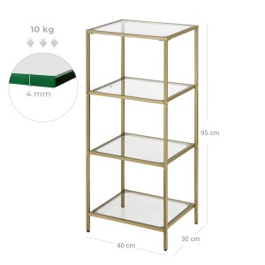 Vasagle Standregal mit 4 Glasablagen und goldenem Metallrahmen, 30x40x95 cm.