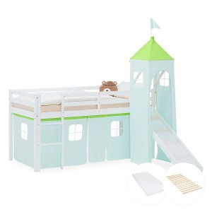 Weißes Kinder Hochbett mit Rutsche, Turm und grünem Vorhang. Inkl. Matratze.