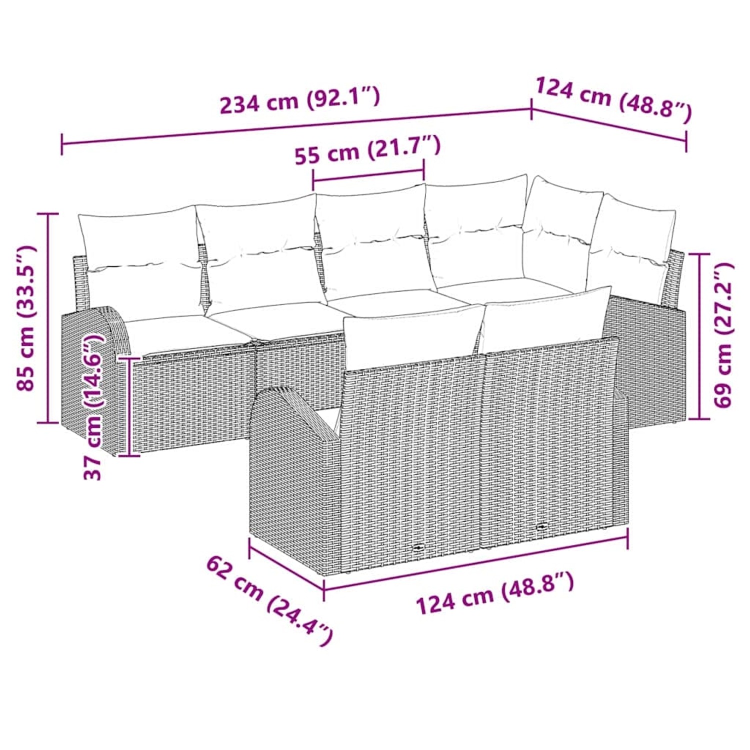 vidaXL Gartenmöbel-Set, 7-teilig, beige Poly Rattan, mit Maßangaben.