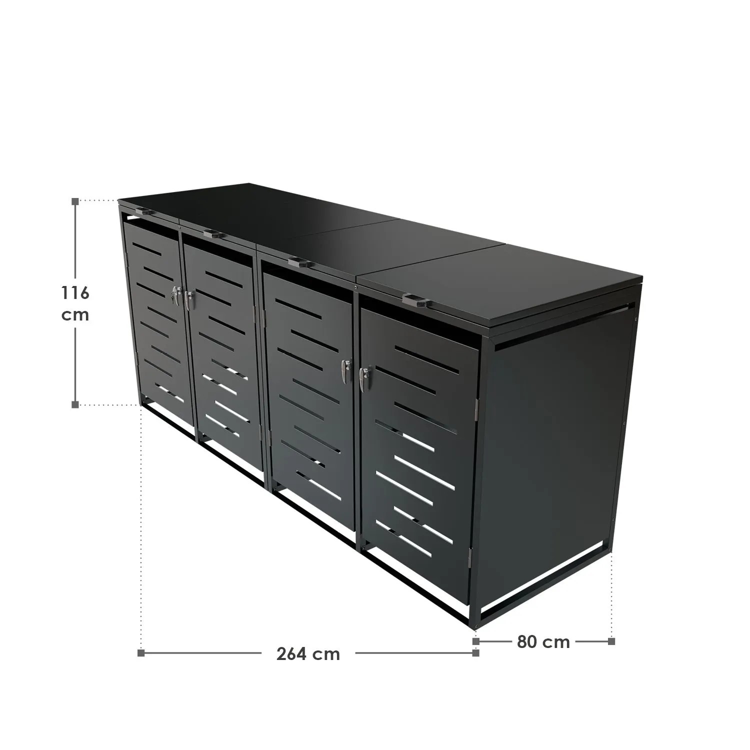 Juskys Mülltonnenbox Arel für 4 Tonnen, Metall, abschließbar, mit Belüftung und Maßangaben.