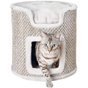 Trixie Kratzbaum Cat Tower Ria, 37 cm, lichtgrau/natur mit Katze.