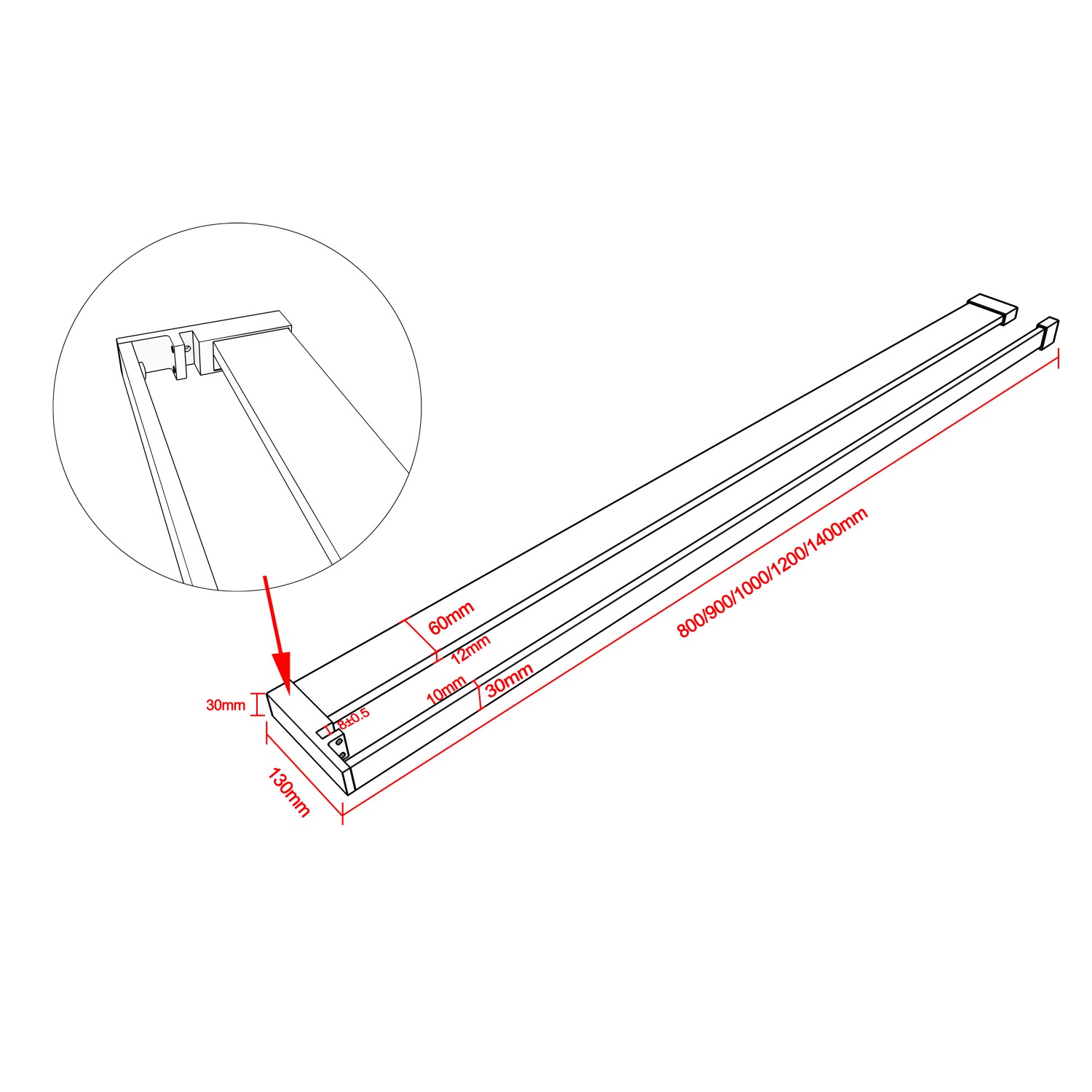 Technische Zeichnung: Schwarzes AICA Duschregal 140x13cm mit Handtuchhalter für Duschwand.