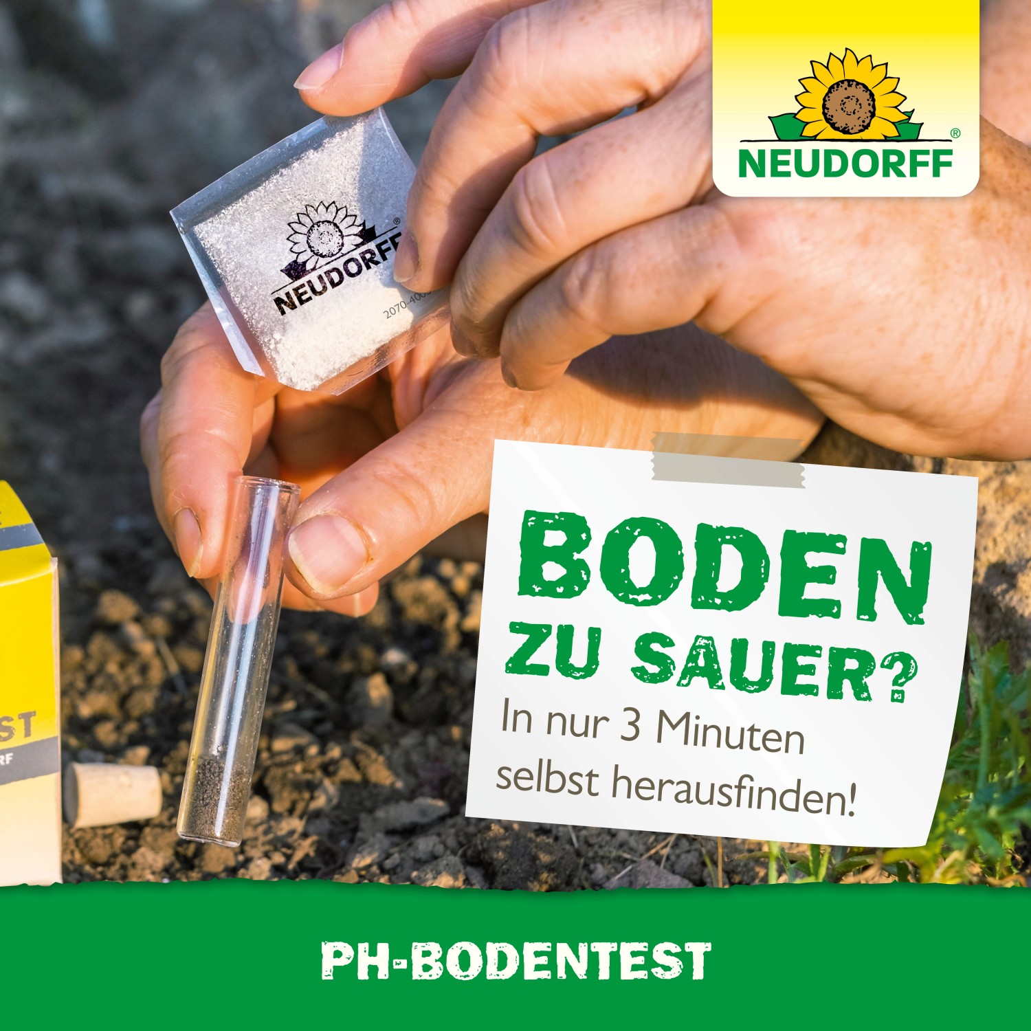 Neudorff PH-Bodentest-Set: Teströhrchen, Pulver und Hinweis "Boden zu sauer?"