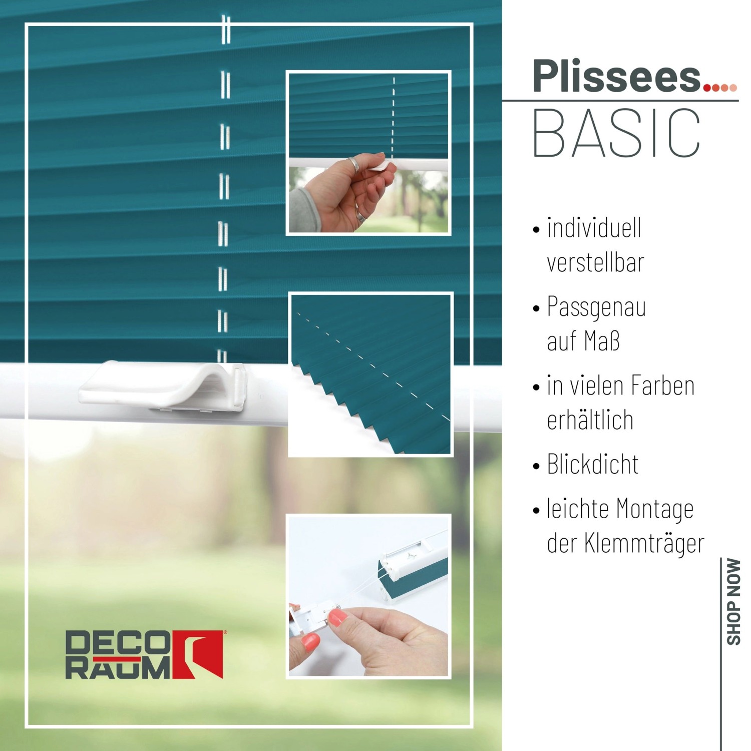 Petrolfarbenes Deco-Raum Plissee Basic 95x210cm ohne Bohren, blickdicht mit Klemmfix.