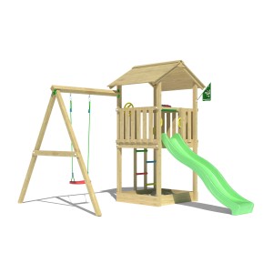 Jungle Gym Spielturm Beacon mit Schaukel und Rutsche, Holz natur und hellgrüne Rutsche.