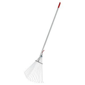 Fächerbesen mit 15 Zinken und Teleskopstiel, verstellbare Arbeitsbreite für Laub und Rasenschnitt.