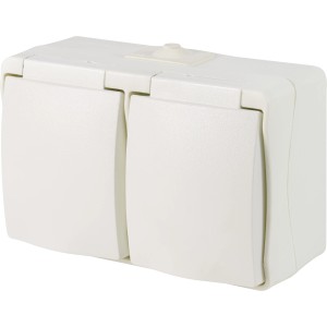 Weiße 2-fach Feuchtraum Steckdose IP44 zur Aufputzmontage im Innen- & Außenbereich.