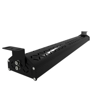 Schwarze LUXULA LED Hallenleuchte, linear, 150W, mit Kühlrippen und Montagebügel.