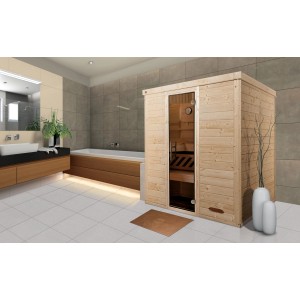 Weka Massivholzsauna Kemi 3 mit Glastür in Badezimmer-Umgebung.