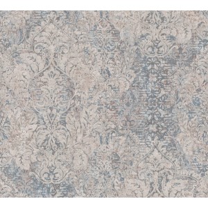 Vliestapete Barock Vintage in Beige und Blau mit floralem Muster.