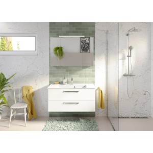 Pelipal Badmöbel-Set Trentino, 107 cm, Weiß Hochglanz, 3-teilig mit Waschbecken, Unterschrank und Spiegelschrank.