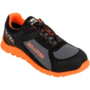 Bullstar Ultra S1PS Sicherheitsschuh Gr. 41, leicht, flexibel, metallfrei, mit orangen Akzenten.