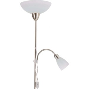 Weißer Deckenfluter Pienza mit Leseleuchte, Nickel matt und Glas.