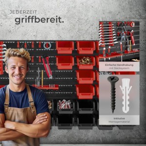 Tectake Kleinteilemagazin mit roten und schwarzen Boxen an Wandplatten, inklusive Montagematerial.
