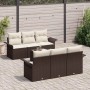 Braunes 7-tlg. vidaXL Garten-Sofa-Set aus Poly Rattan mit Tisch und cremefarbenen Polstern.