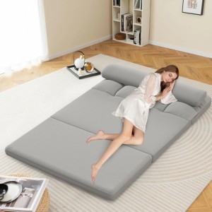 Costway Klappbares Bodensofa 3 In 1 Schlafsofa mit 2 Kissen Hellgrau