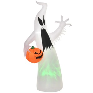 Aufblasbares weißes Spuk Gespenst mit LED-Beleuchtung und Kürbis. Gruselige Halloween Dekoration Figur.