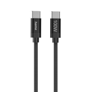 Schwarzes Hama USB-C Ladekabel (100W, 1,5m) mit Nylon-Ummantelung.