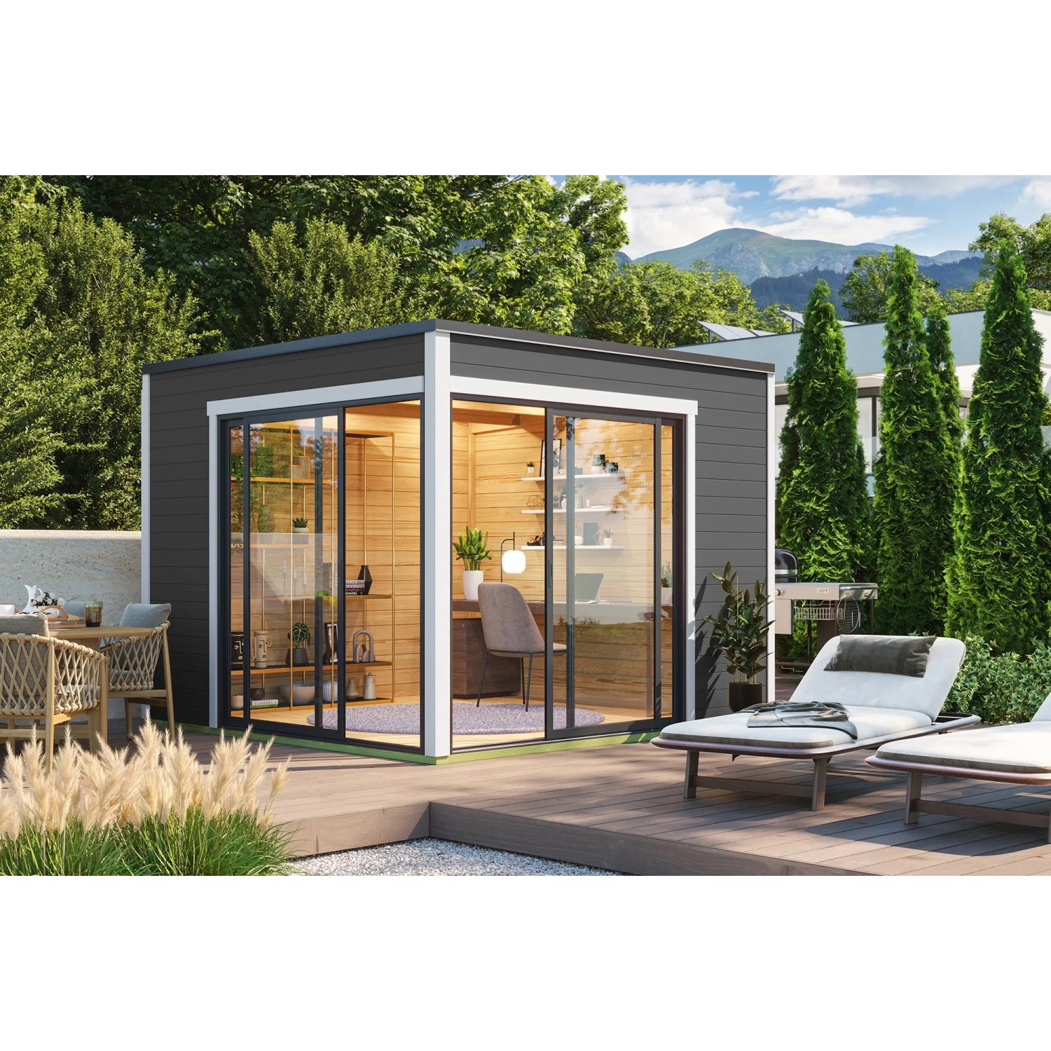 Lasita Holz-Gartenhaus Palermo 3 Flachdach Carbongrau Lasiert 300 cm x 300 cm